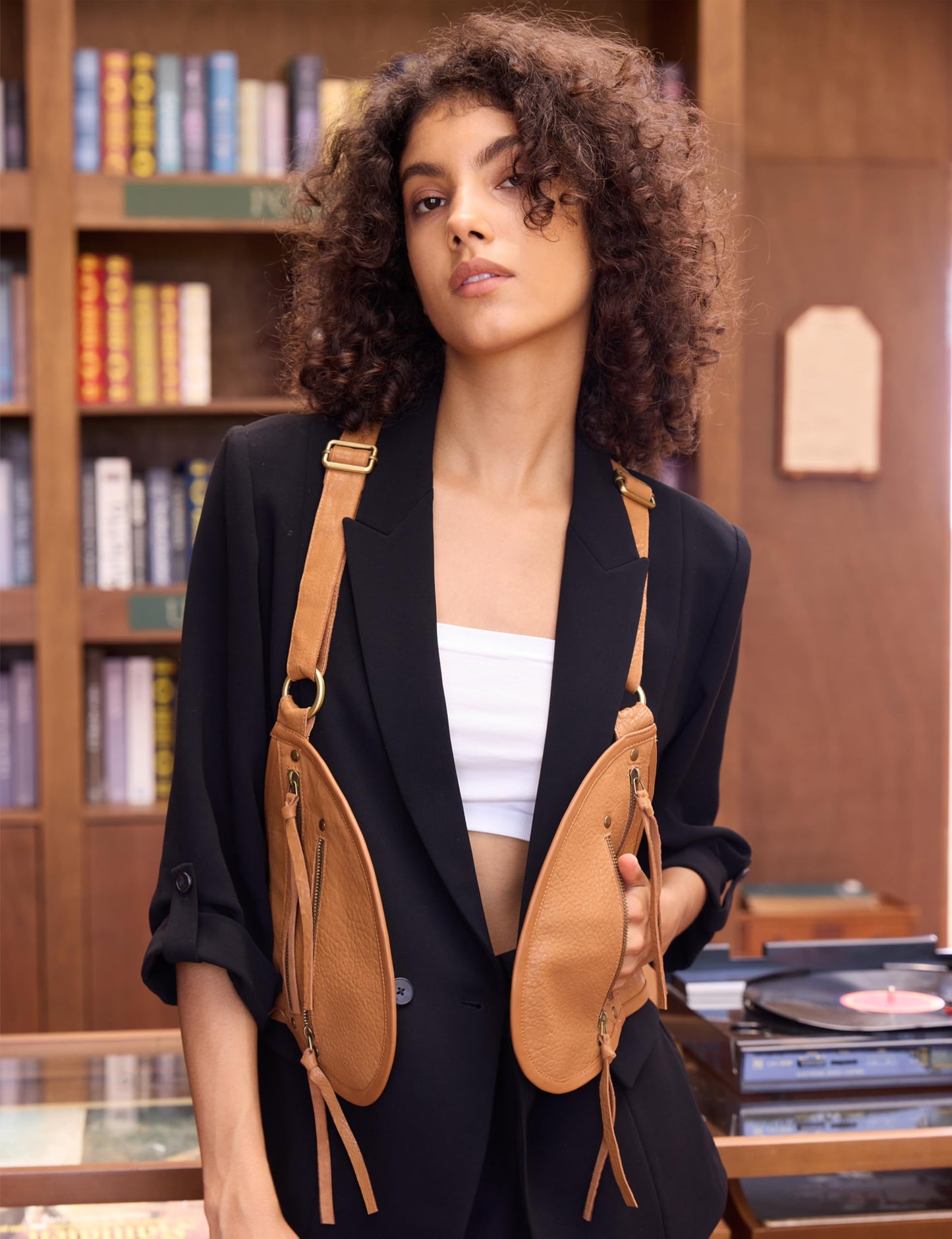 LyzerMia Harness for Women Genuine Leather with Pocket Steampunk Vest (Brown)