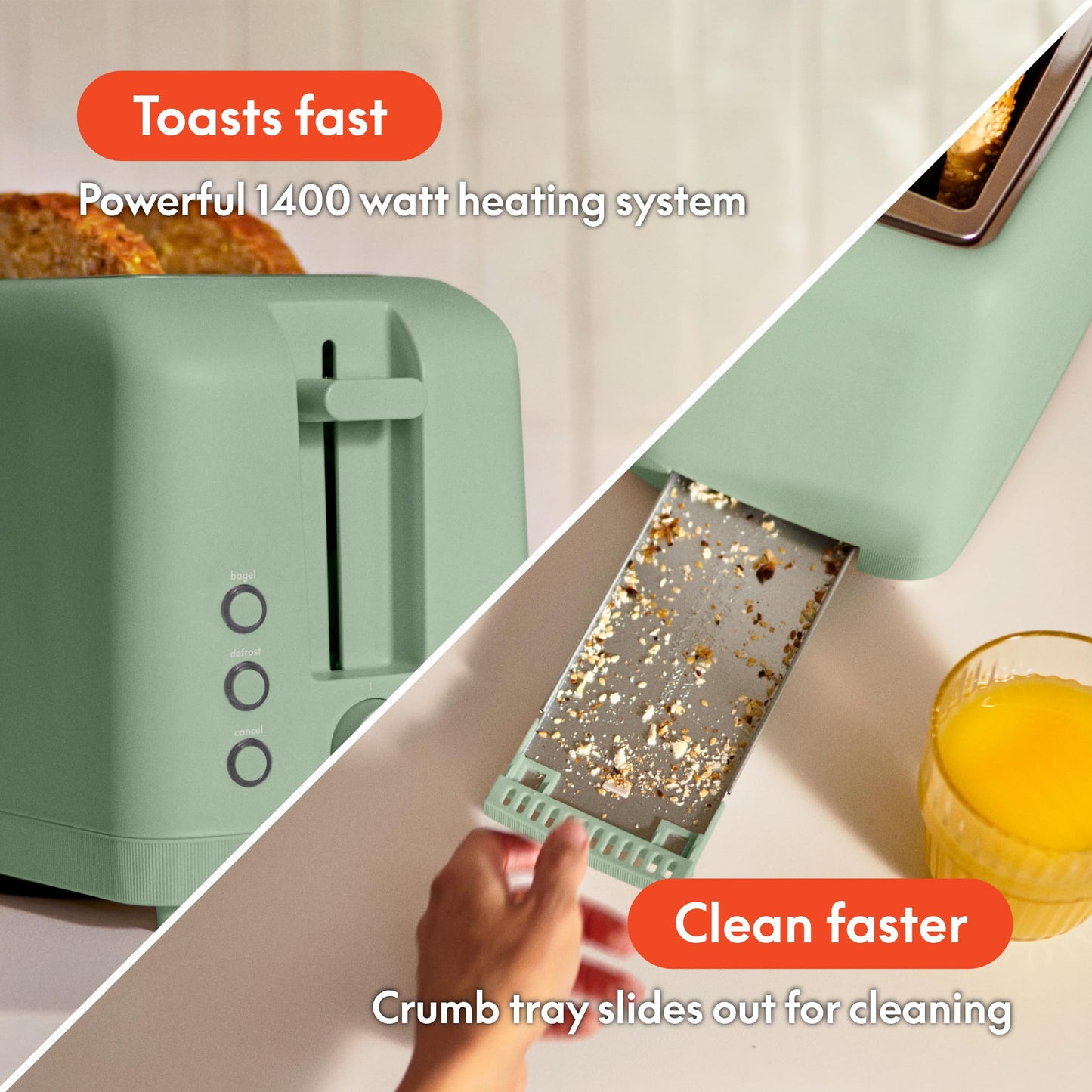 bella 2 Slice Slim Toaster, Fits-anywhere™ Kitchenware, 6 Setting Shade Control with Reheat & Cancel Buttons, Fits sourdough, 10” Long Slot, Anti Jam & Auto Shutoff, 900 Watt, Surf