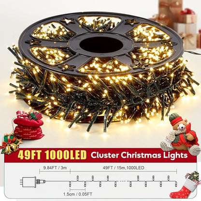 Hishine Outdoor Christmas Lights 49FT 1000LED, String Lights Indoor 8 Modes Waterproof Plug in Christmas Tree Light for Holiday, Warm White