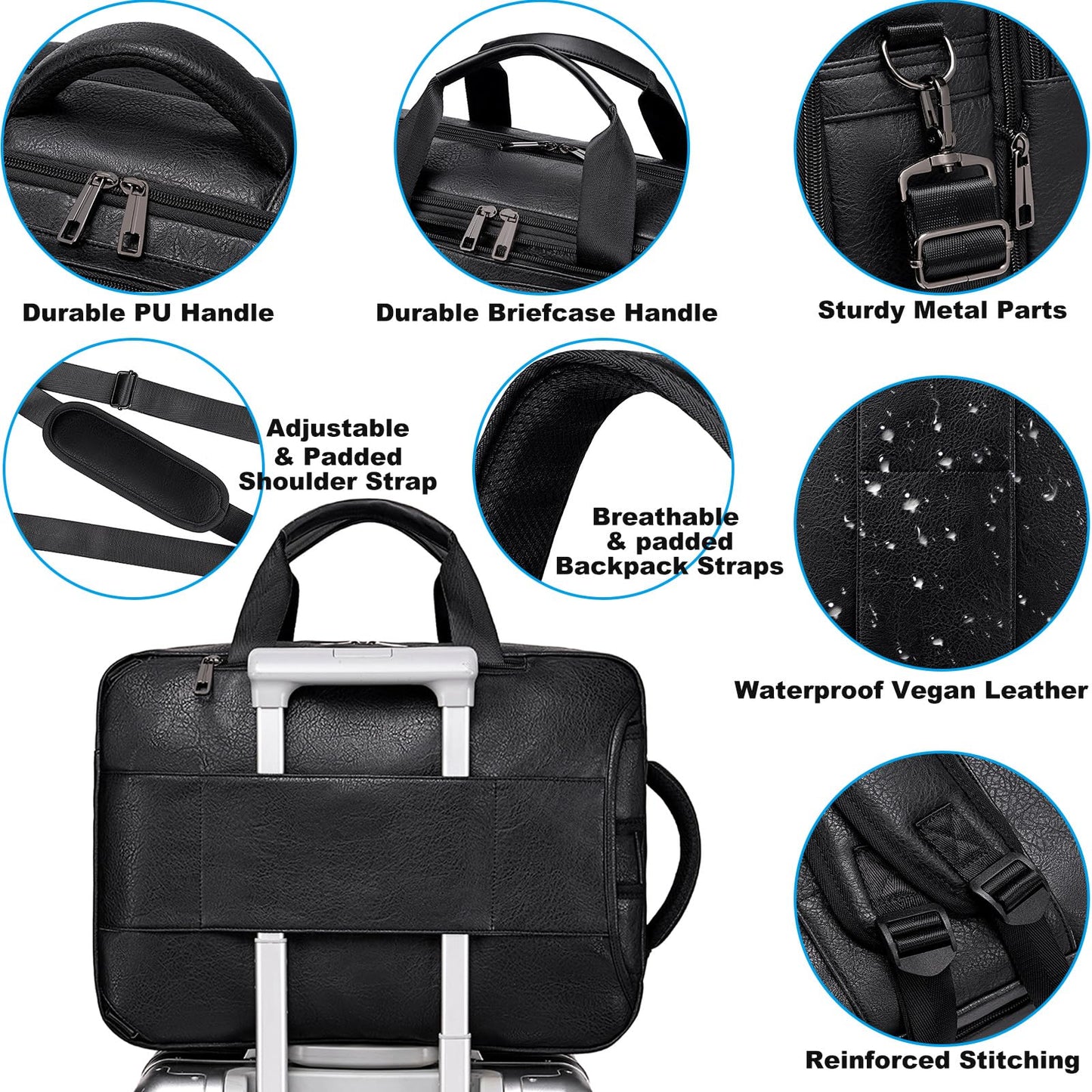 weiatas 3-in-1 Vegan Leather Convertible Laptop Bag for Men Women, 15.6 Inch Waterproof Expandable Backpack, Computer Briefcase, Shoulder Messenger Bag & Weekend Bag for Business Travel Work (Black)