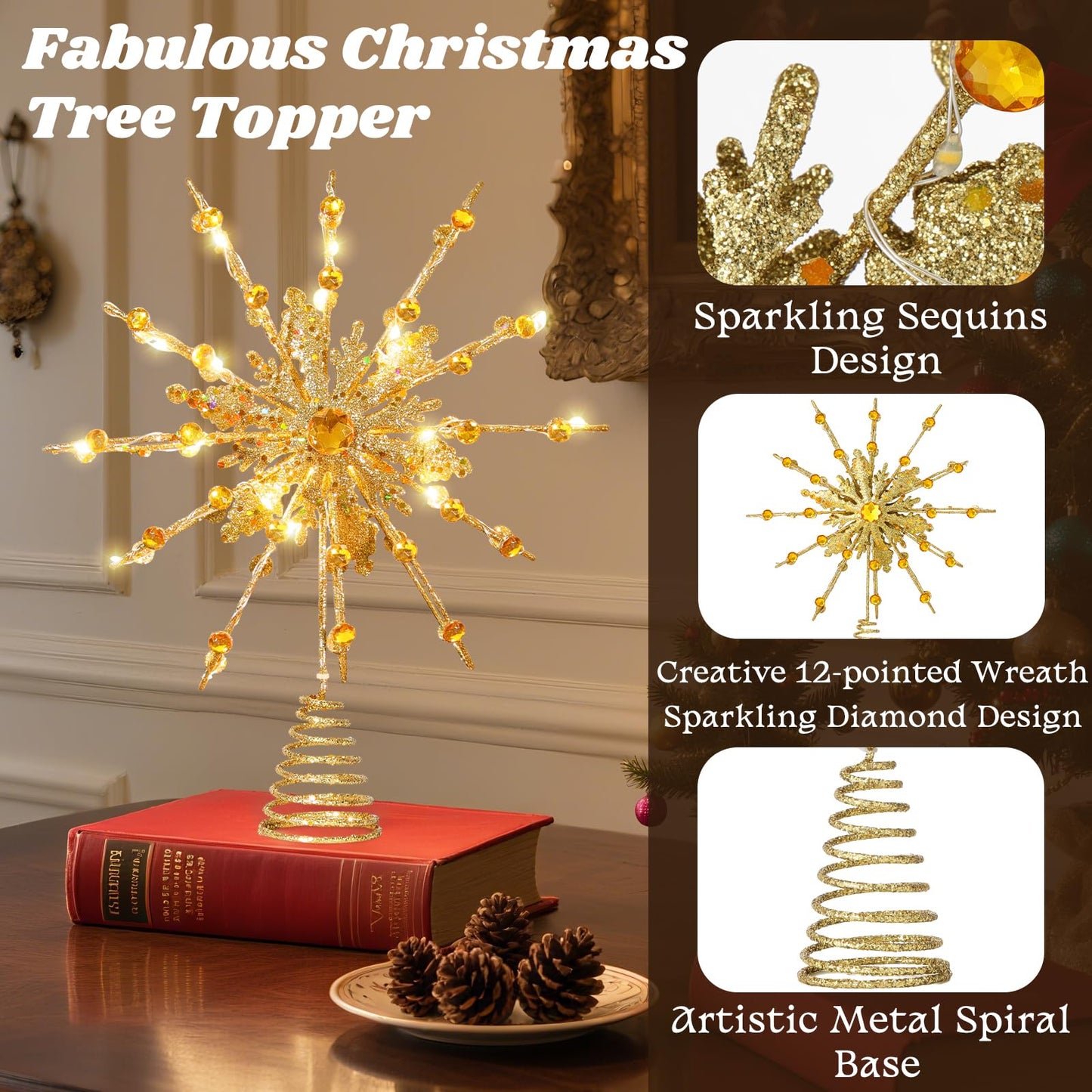 Lewondr Christmas Tree Topper, 12.2'' Metal Xmas Star Tree Topper with 20 LED Bulbs, USB Powered Glittered 12-Pointed Treetop for Christmas Ornaments, Remote Control, 6H Timer, 8 Light Modes, Gold