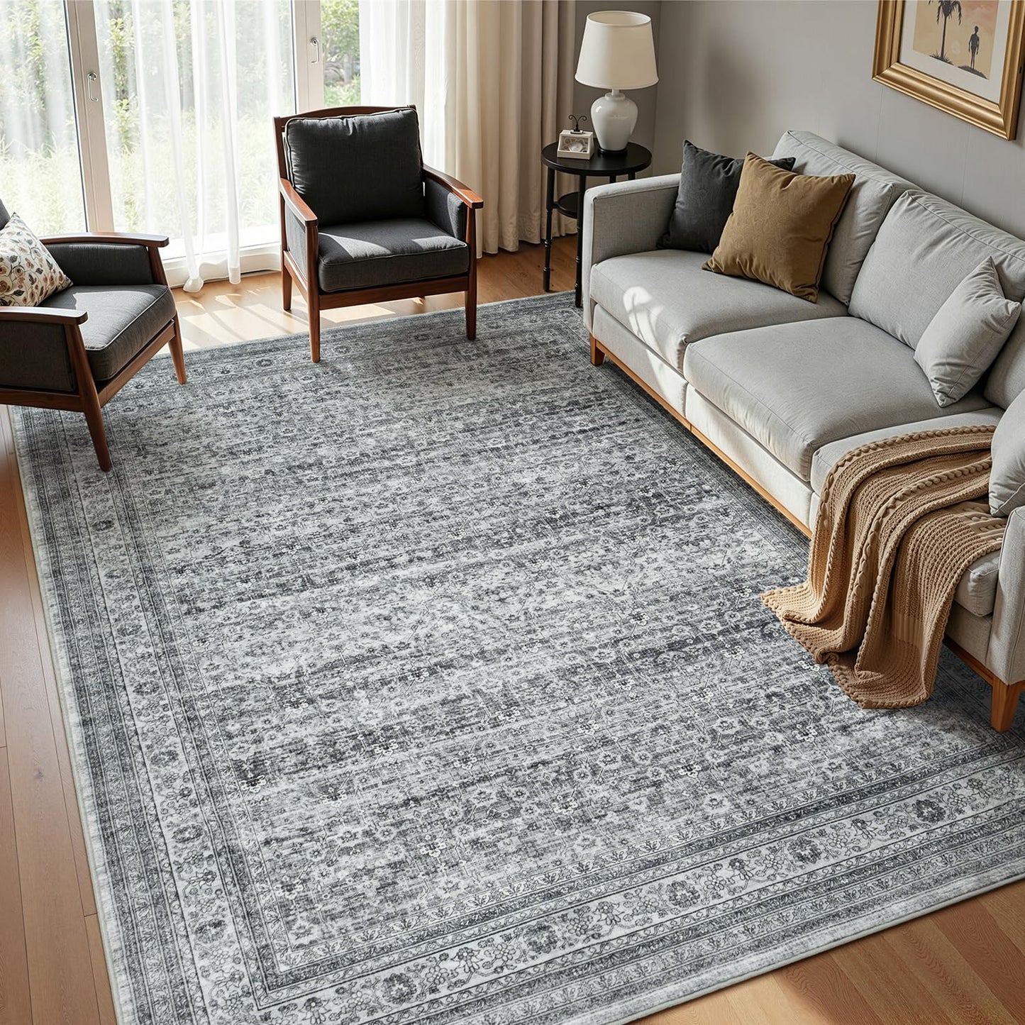 Vibrug Area Rug 6x9 Foggy Grey Vintage Washable Living Room Rugs Farmhouse Distressed Retro Floral Non-Slip Low Pile Stain Resistant Neutral Carpet for Office, Nursery, Lounge, Bedroom Foot of Bed