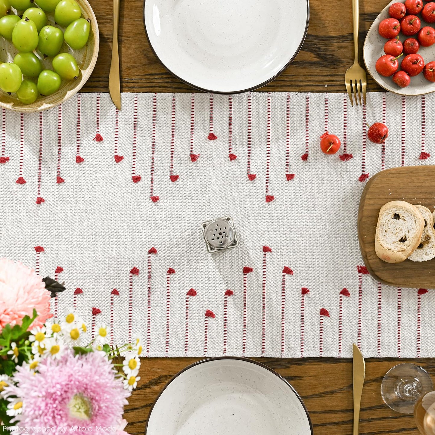 Artoid Mode Red Boho Table Runner for Farmhouse Rustic，Seasonal Holiday Macrame Burlap Kitchen Dining Table Decoration for Home Party Decor 12x72 Inch