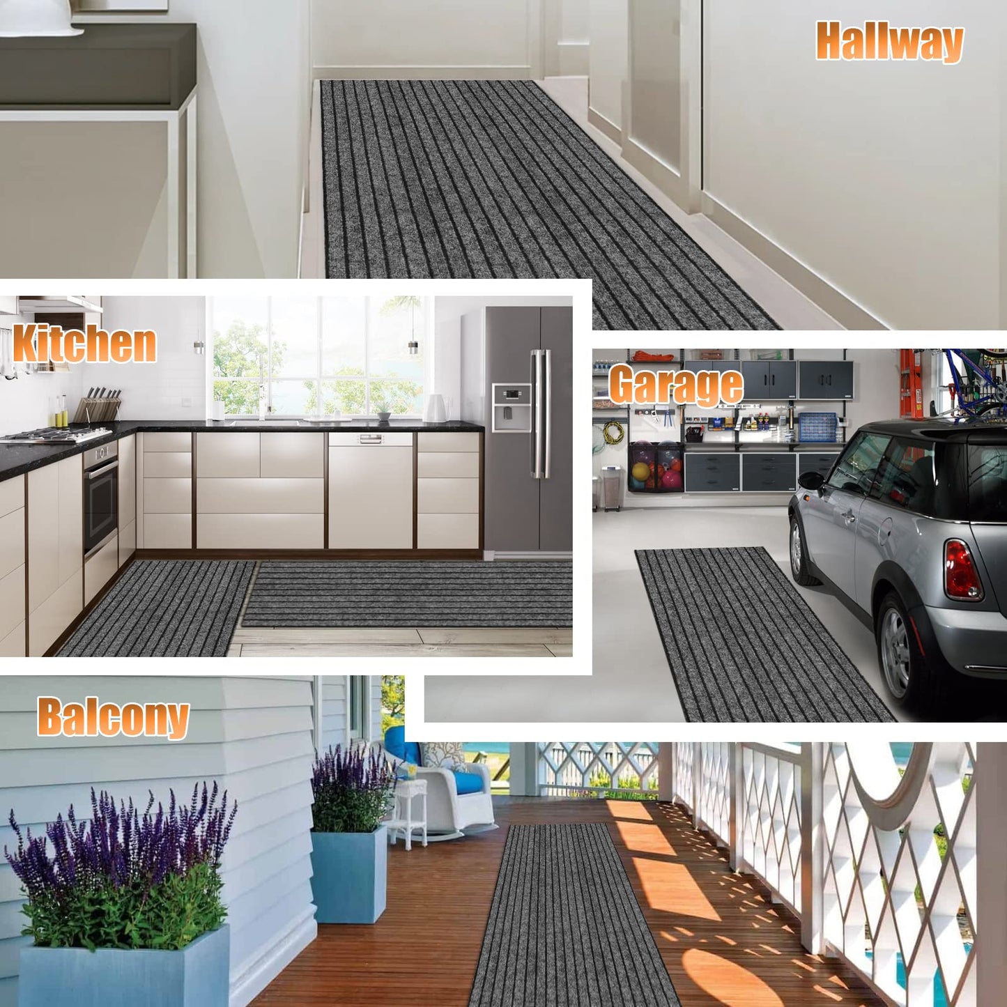 Weidear Hallway Runner Rug with Rubber Backing, Laundry Room Rug Non Slip, Washable Outdoor Indoor Rug Carpet Runner, Customized Area Rugs Mat for Entryway, Balcony, Deck-2FT x 10FT, Gray Stripe