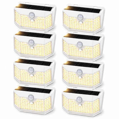HMCITY 120 LED Solar Lights Outdoor with Motion Sensor and 3 Lighting Modes, IP65 Waterproof Wide Solar Wall Lights Ideal for Garden Patio Yard (Front Button 8Packs, White Shell-Warm White)