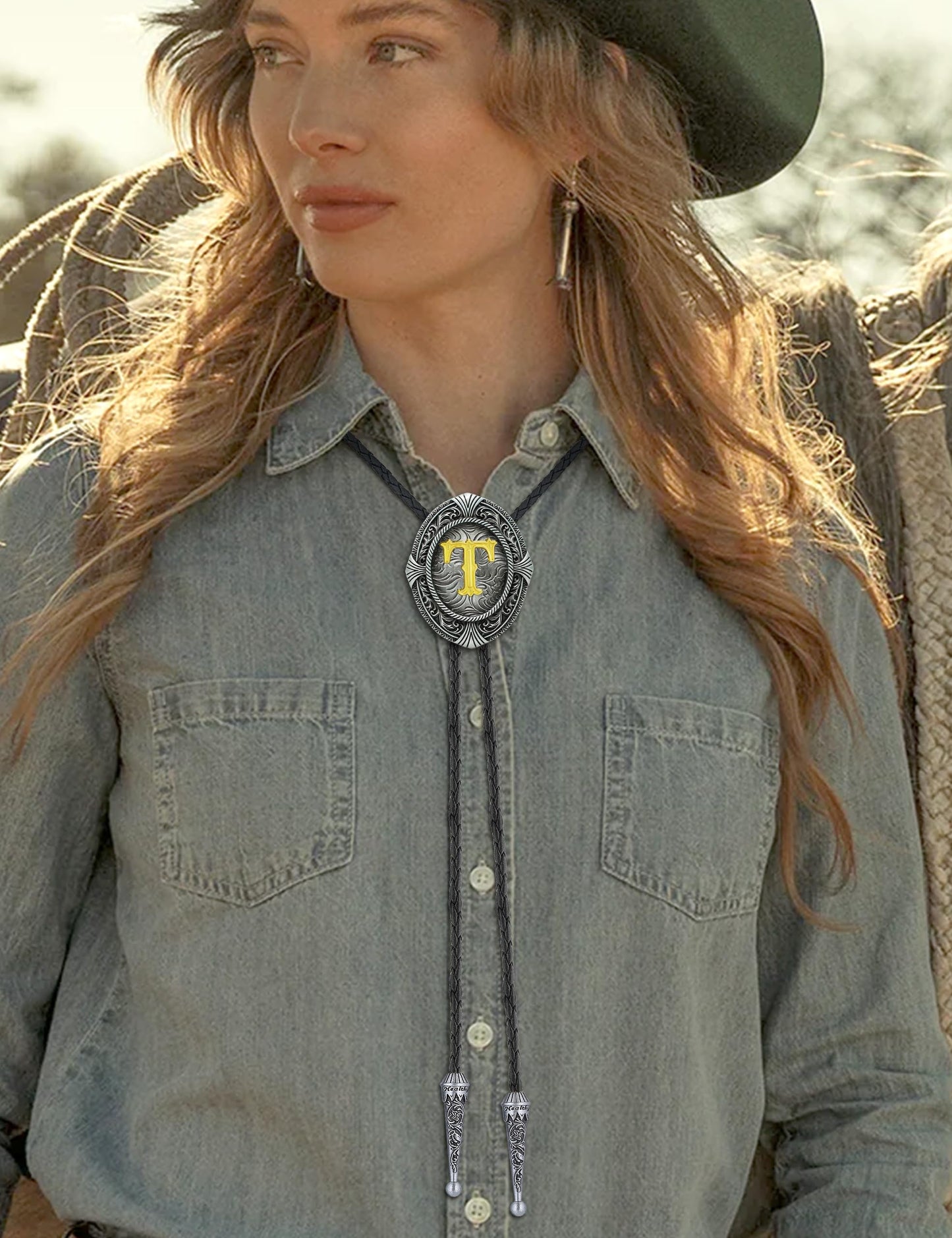 HUABOLA CALYN Vintage Bolo tie for Men Western Cowboy Native American Initial Letter ABCDJMR to Z Costume Bolo ties for Women (T)