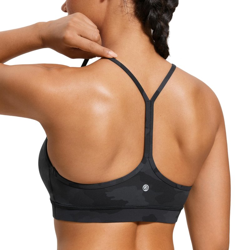 CRZ YOGA Butterluxe Y Back Sports Bras for Women - Padded Racerback Low Impact Spaghetti Thin Strap Workout Yoga Top Dark Grey Camouflage 2 X-Small