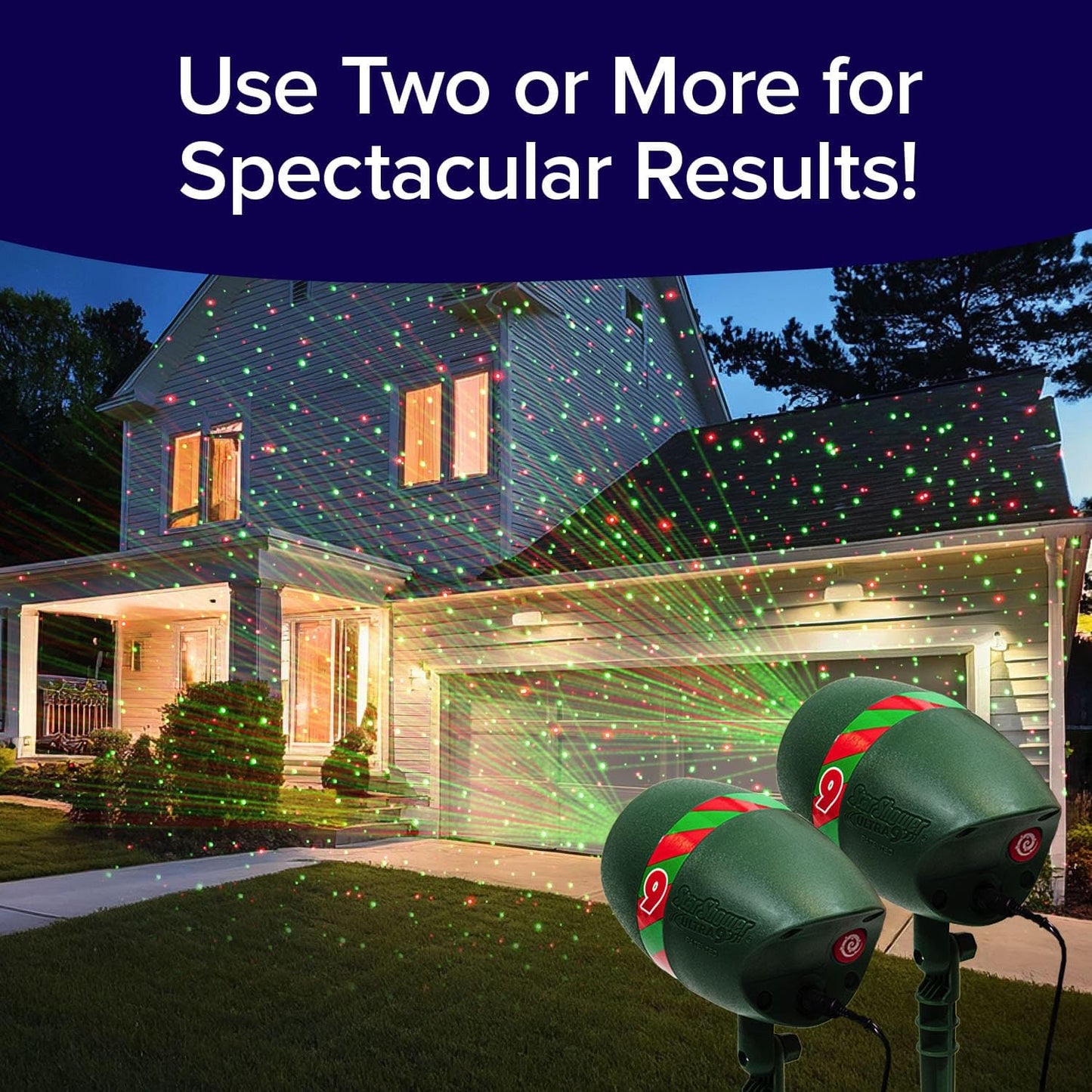 Star Shower Ultra 9 Outdoor Christmas Laser Holiday Projector with Remote, 2 Pack, w/ 9 Unique Patterns, Showers Home w/Thousands of Lights, 3 Color Combinations, Up to 3200 Sq Ft