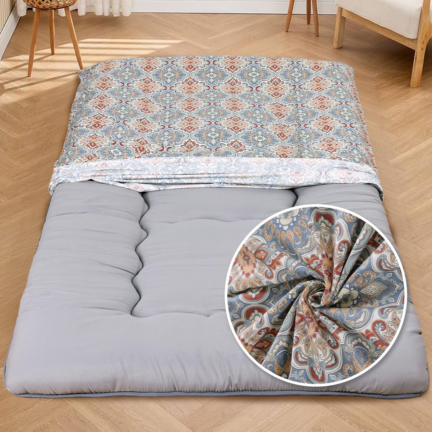100% Cotton Floor Futon Mattress Cover (Only Cover), Soft Skin-Friendly Washable Zippered Futon Cover for Traditional Japanese Floor Futon Mattress, Tatami Mattress Dustproof Cover (Twin, Flower)