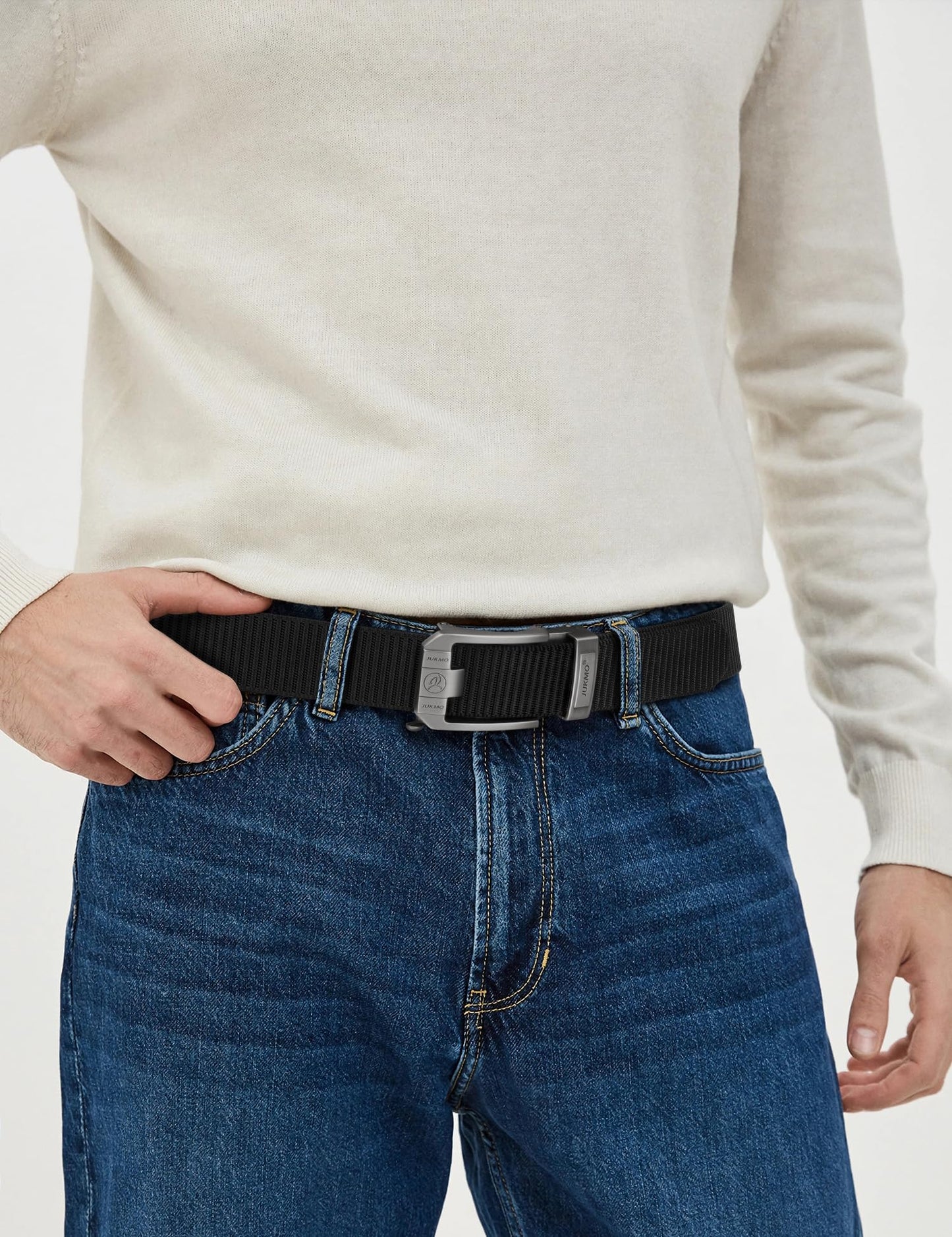 JUKMO Ratchet Belt for Men, Nylon Web Tactical Belt with Automatic Slide Buckle, Adjustable Trim to Fit (Black, For Waist 20"-40" (Length 47"))