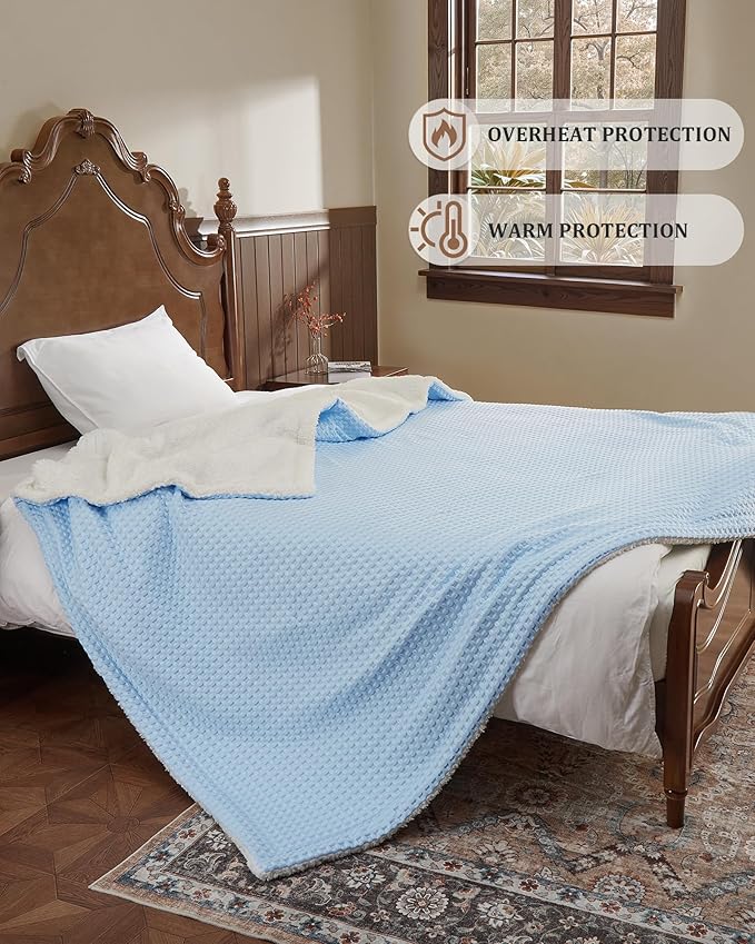 CAROMIO Heated Blanket Full Size, Waffle Weave Electric Blanket Throw with LCD Controller, Fast Heating, 10 Heat Levels & 1-12H Time Settings, ETL Certified, Machine Washable, Light Blue, 72" x 84"