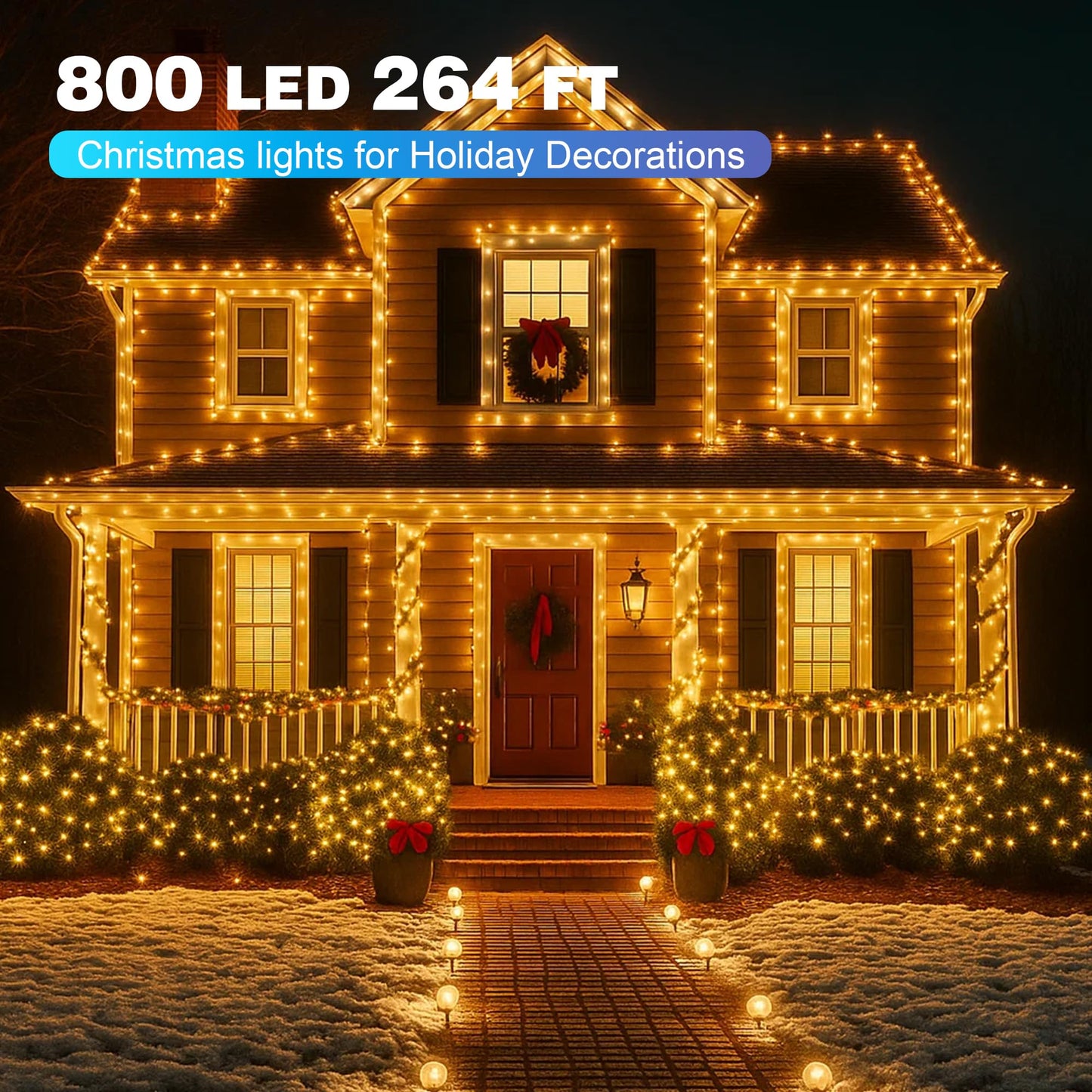 Domolli Christmas Lights 800 LED 264 FT, IP67 Waterproof Christmastree Lights with 8 Modes, Remote Control 3 Timers & Memory Function Xmas Decorations for House and Holiday (Warm White)
