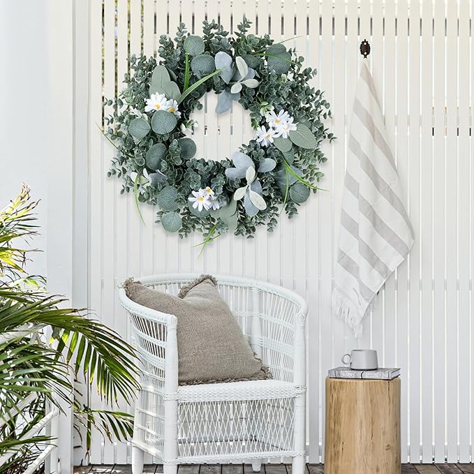 Door Wreath Green Eucalyptus for Front Door Wreaths Spring Summer Wreath Artificial Leaves Wreaths for All Season Home Farmhouse Porch Year Round Outdoor Wall Decorating,20 Inch