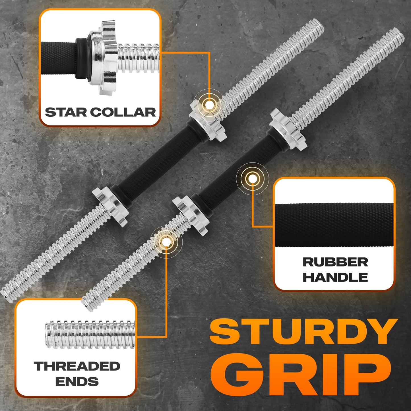 Yes4All Pair of Threaded Dumbbell Handles 14/16/18/24 inch, Chrome/Rubber Grip, Fit 1” Plates, Weight Bar Connector