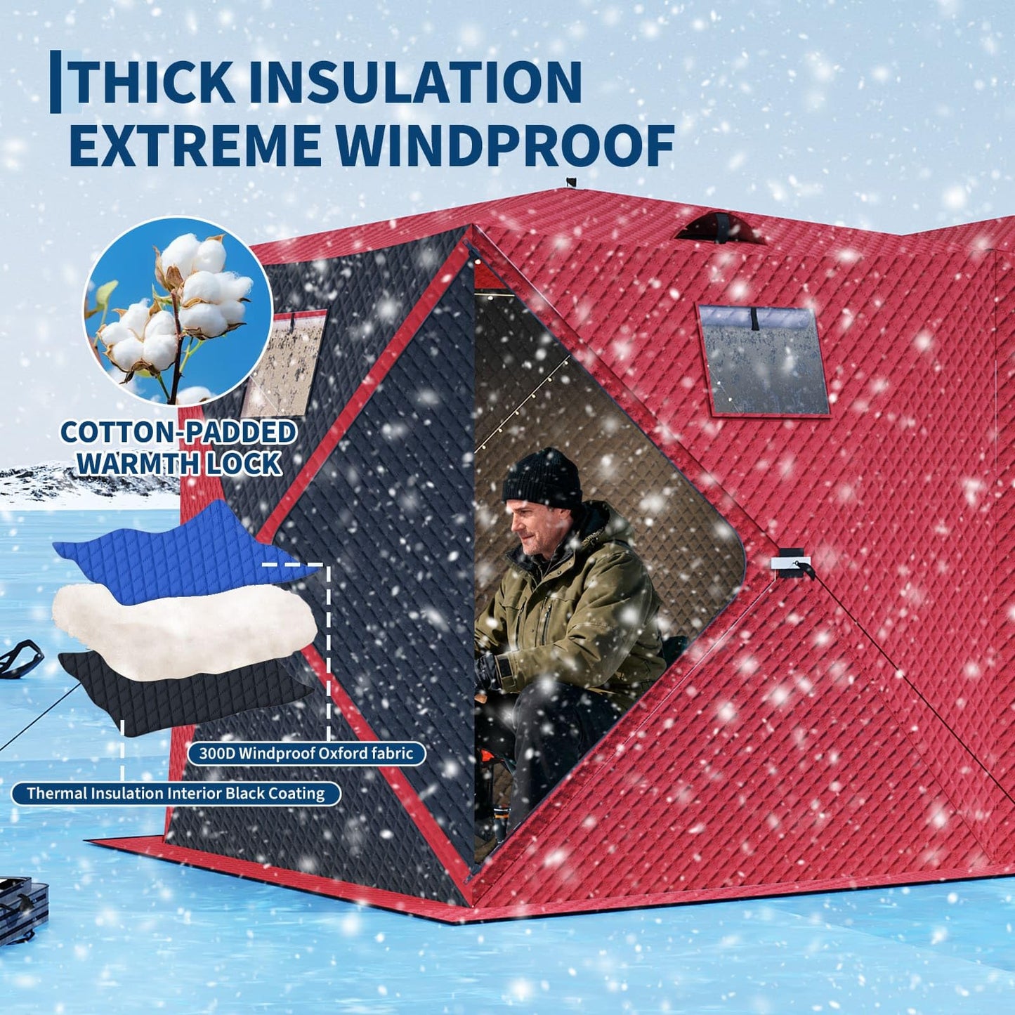 Garvee Pop Up Ice Fishing Shelter and Insulated Ice Fishing Tent with 49ft LED Light Strip, Windproof Portable Hub Design, Fits 3-4 People, 35 sq ft Fishable Area, Red+Black