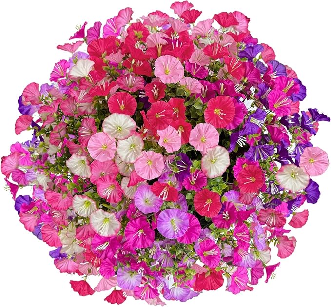 Florielle Artificial Hanging Faux Flowers Basket, Fake Silk Petunias Plants Arrangement,for Spring Summer Outdoor Decoration,UV Resistant, Morning Glorias,for Home Garden Decor (PinkPurple)