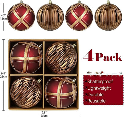 4.7" Large Plastic Christmas Balls Ornaments Set of 4, Glitter Shatterproof Christmas Bulbs Ornaments for Xmas Tree Decorations, Burgundy & Bronze Ornament for Tree,Mantel,Garland,Winter,Party Decor