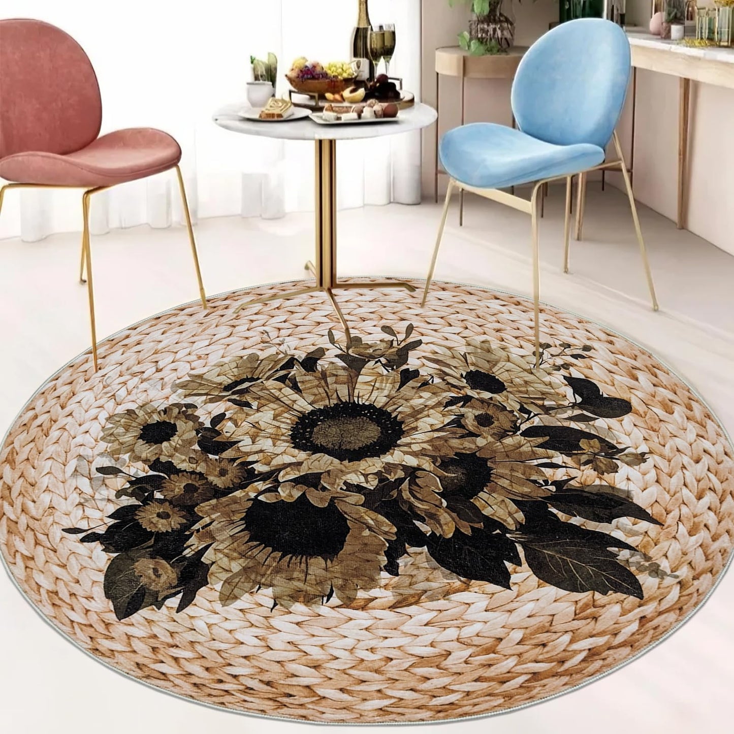 Lacomfy Boho Floral Rug 4Ft Round Sunflowers Carpet Mat for Girls Bedroom Farmhouse Living Room Dining Room, Circle, Dark Flowers, Rattan Pattern Printed, Retro, Washable, Indoor (Not Natural)