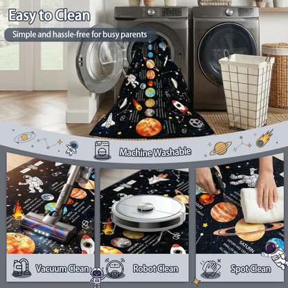5x7 Ft Space Kids Rug for Boys Room, Playroom, Classroom, Nursery, Daycare, Educational Non-Slip Play Mat Carpet for Children Toddler Leaning Solar System, Washable & Soft Galaxy Star Rug-Faux Wool