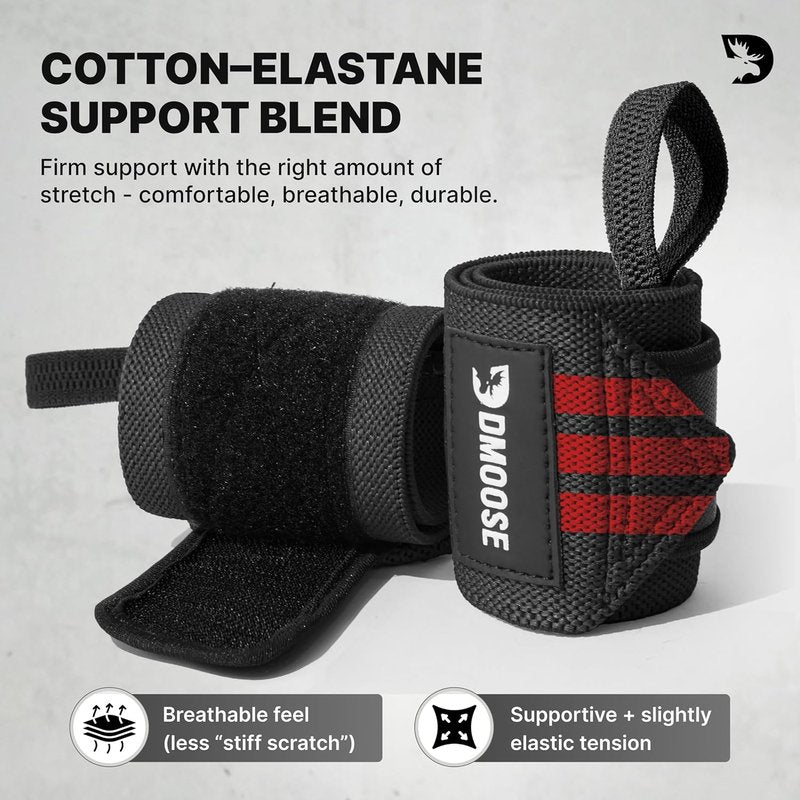 DMoose Fitness Wrist Wraps - Heavy Duty Weightlifting Support Straps | 18" with Thumb Loop for Pain Relief