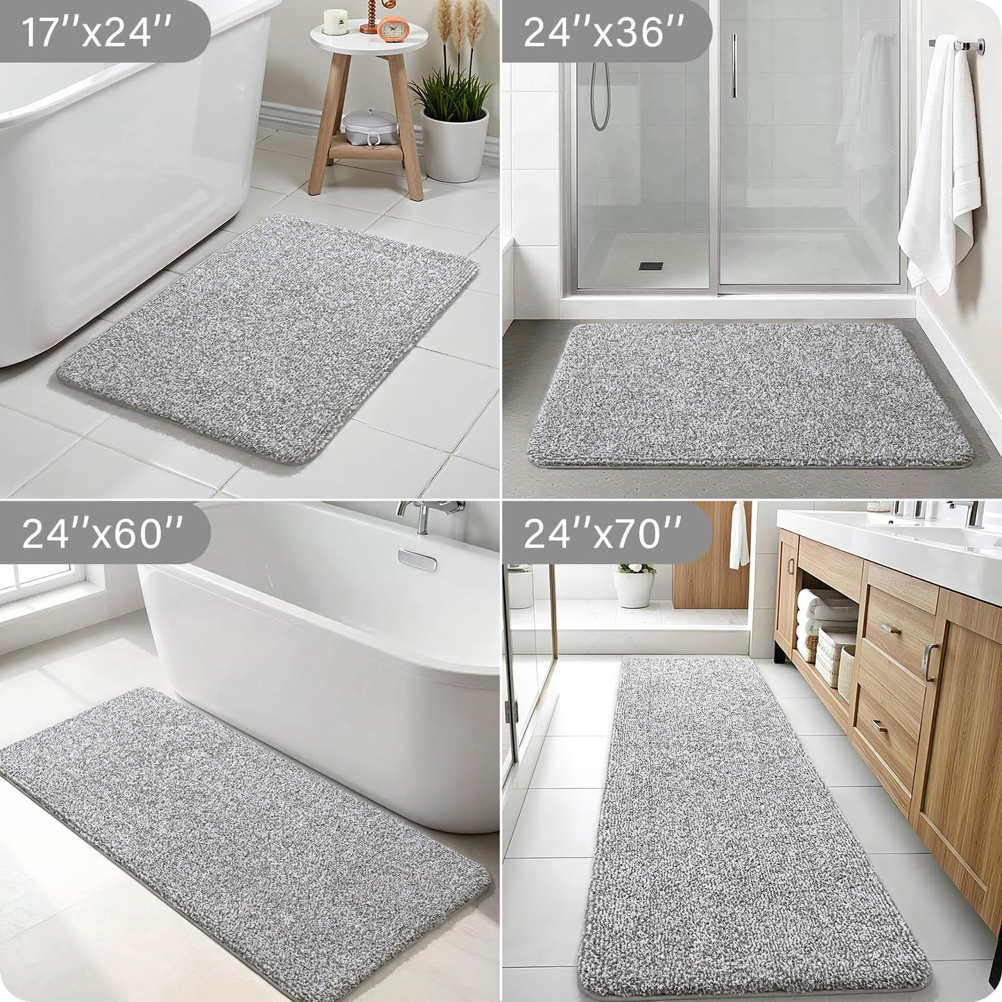 Bathroom Runner Rug 24x60 Inch, Soft Absorbent Long Bathroom Rug for Shower Floor, Non Slip Washable Bath Rugs, Plush Thick Microfiber Large Bath Mat for Tub Double Sink Vanity, Light Grey and White
