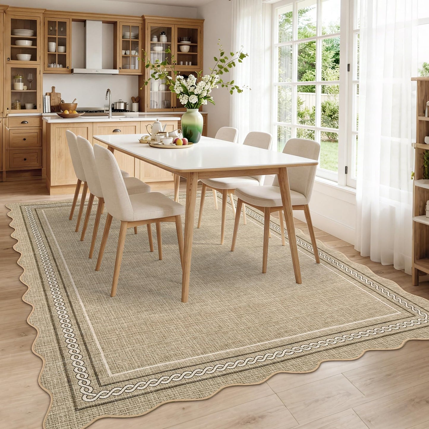 Garvee Scalloped Washable 5x7 Area Rugs for Living Room, Non Slip Neutral Bordered Soft Non Shedding Bedroom Rugs Foldable Low Pile Stain Resistant Carpet for Playroom Nursery Dining Room, Jute Color