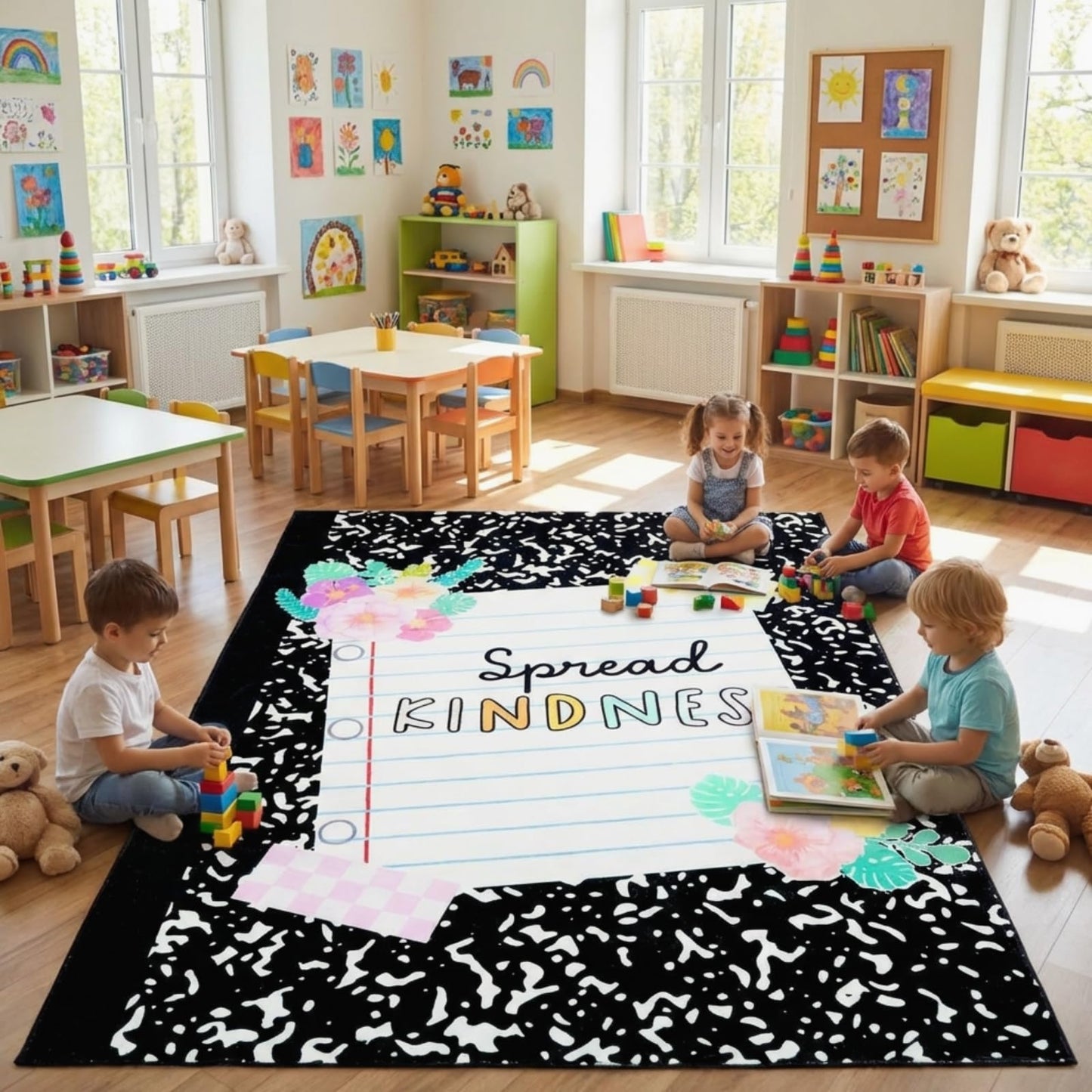 Breling 6 x 9 ft Composition Notebook Classroom Rug Spread Kindness Calming Corner Rug, Inspirational Quote Carpet Non-Slip Reading Corner Emotion Soft Fluffy for for Classroom, Preschool, Playroom