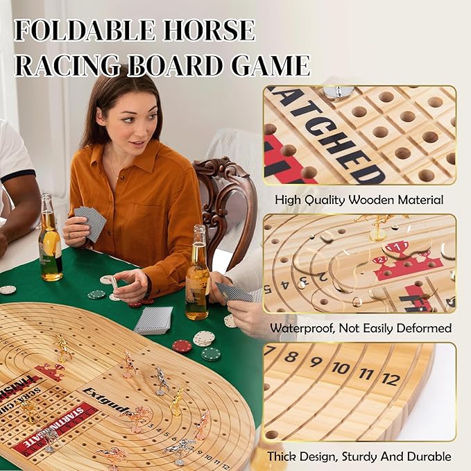 24.8in Wood Horse Race Board GameFoldable Horse Racing GameLarge Sizewith 11 Premium Metal Horses96 Chips2 dice2 Boxes of Playing CardsStorage BoxLarge Storage Bag and Instruction Manual