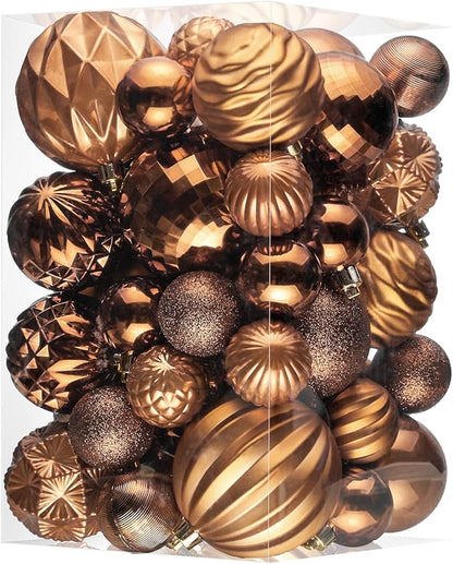 JORNOY Christmas Tree Ornaments Set, 47 Pack Assorted Shatterproof Hanging Balls Decorations, Plastic Bulbs Bulk with Lanyard for Home Holiday Party Decor, 3-Sizes (Caramel)