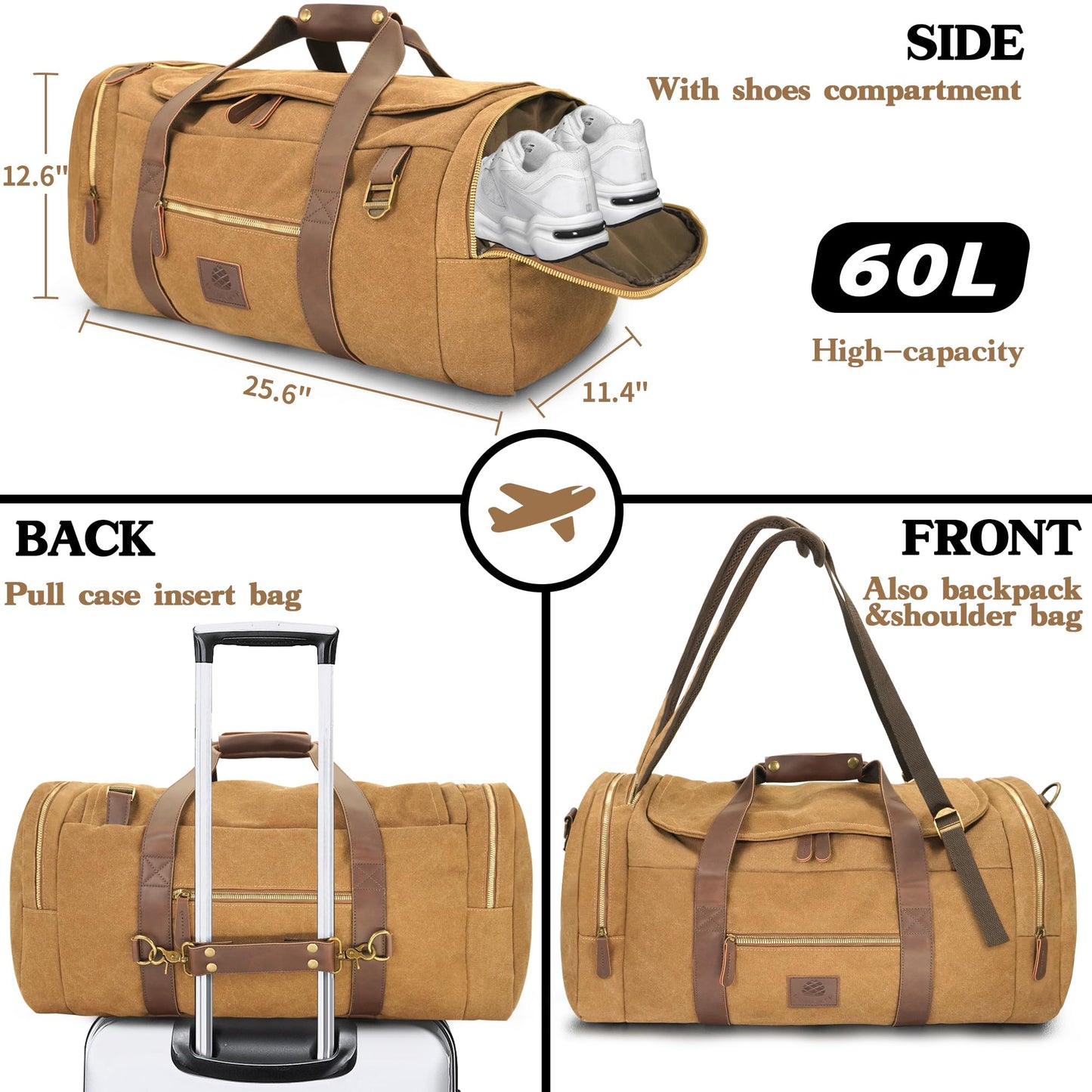 Densata 60L Travel Bags for Men, Nomad Canvas Duffle Bag Vintage Genuine Leather Travel Duffel Bag Multifunctional Weekender Overnight Backpack with Shoes Compartment (Coffee, X Large-60L)