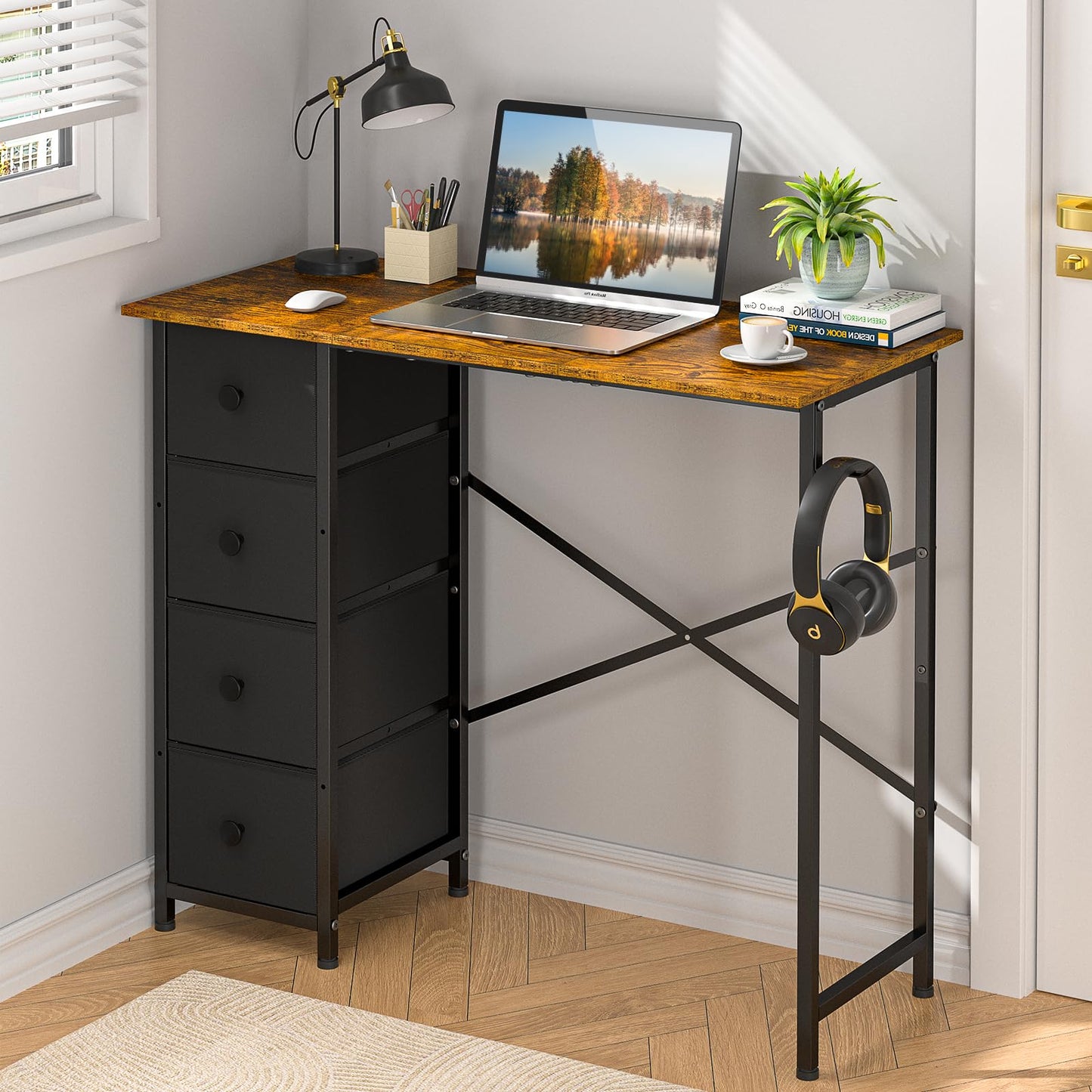 Small Computer Desk with 4 Fabric Drawers, 36 Inch Reversible Writing Desk for Home Office Bedroom, Modern Simple Kids Student Study Desk with Storage, Compact Desk for Small Spaces, Rustic Brown