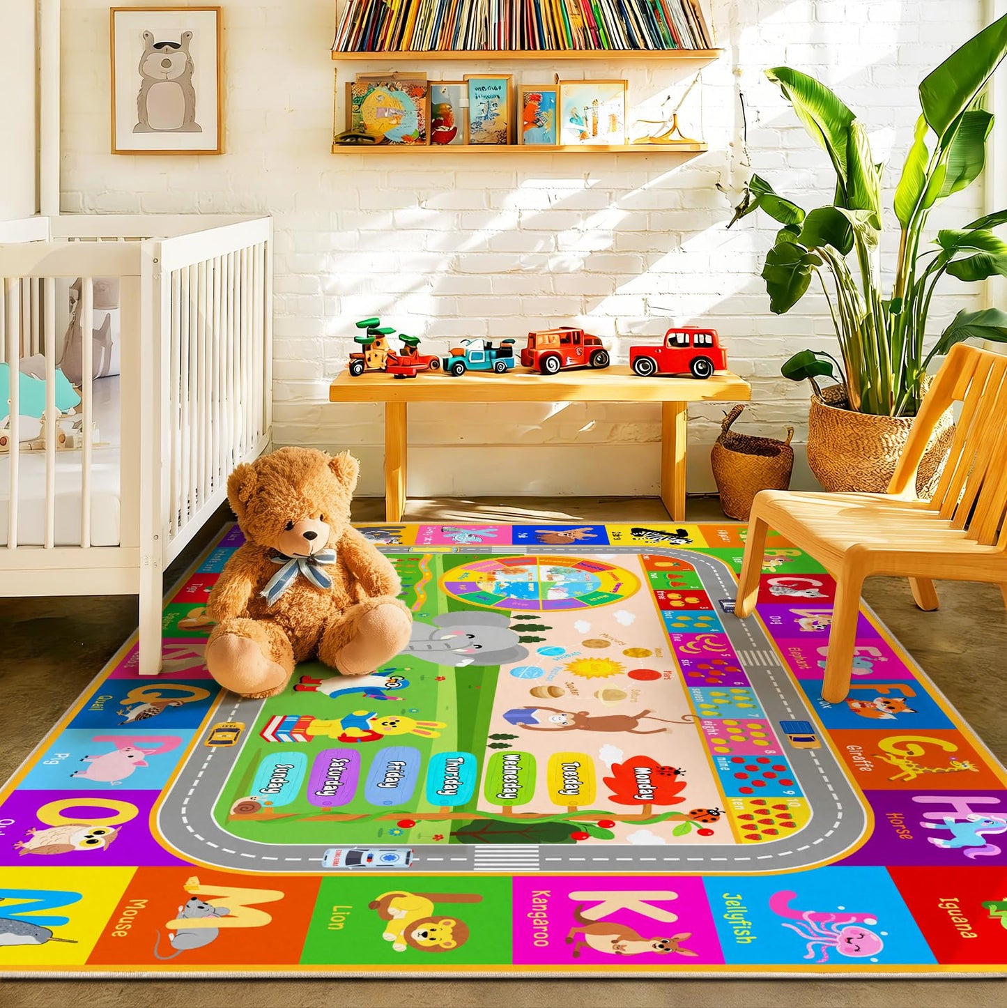 Pionblank Kids Rug for Playroom Classroom, 5x7 Area Rugs Playmat for Learning Animal Alphabet Fruit Numbers Color Season Month,Washable Non Slip Carpet for Toddler Nursery