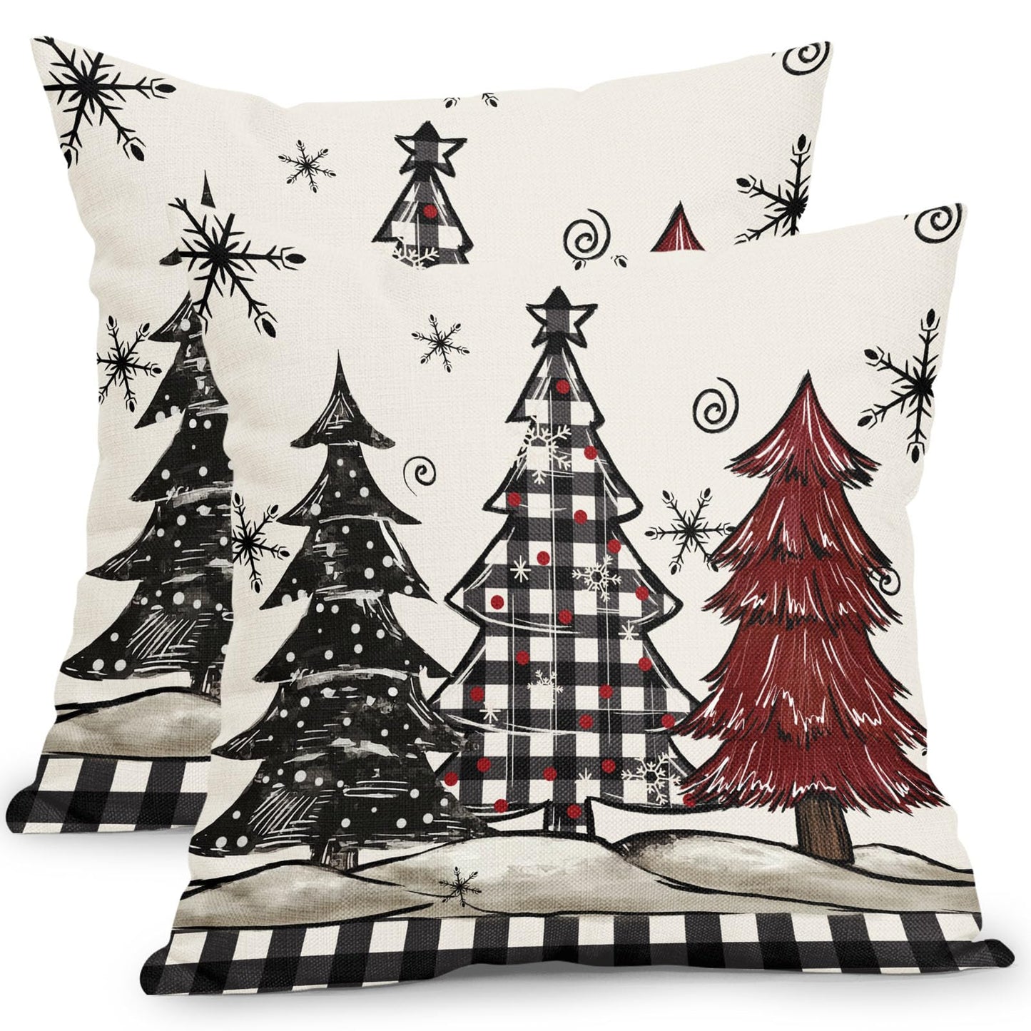 Ancordivo Christmas Pillow Covers 18x18 Inch Set of 2 Xmas Theme Black and Red Tree Snowflake Outdoor Throw Pillows Winter Holiday Buffalo Plaid Pillowcases for Couch Sofa Bed Home Decor