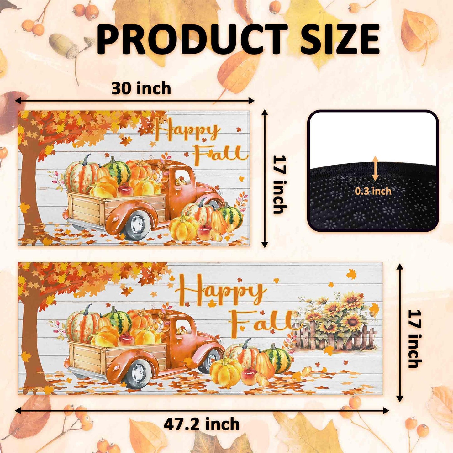 Noulmea Happy Fall Pumpkin Decorative Kitchen Rugs Set of 2, Home Seasonal Fall Holiday Party Autumn Harvest Thanksgiving Kitchen Floor Mat 17"x47"+17"x30"