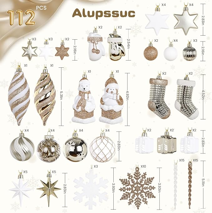 Alupssuc 112pcs Christmas Balls Ornaments Set, Shatterproof Plastic Baubles Christmas Penguin, Polar Bear for Xmas Tree Holiday Wedding Party Decorations with Hanging Strings, Gold and White
