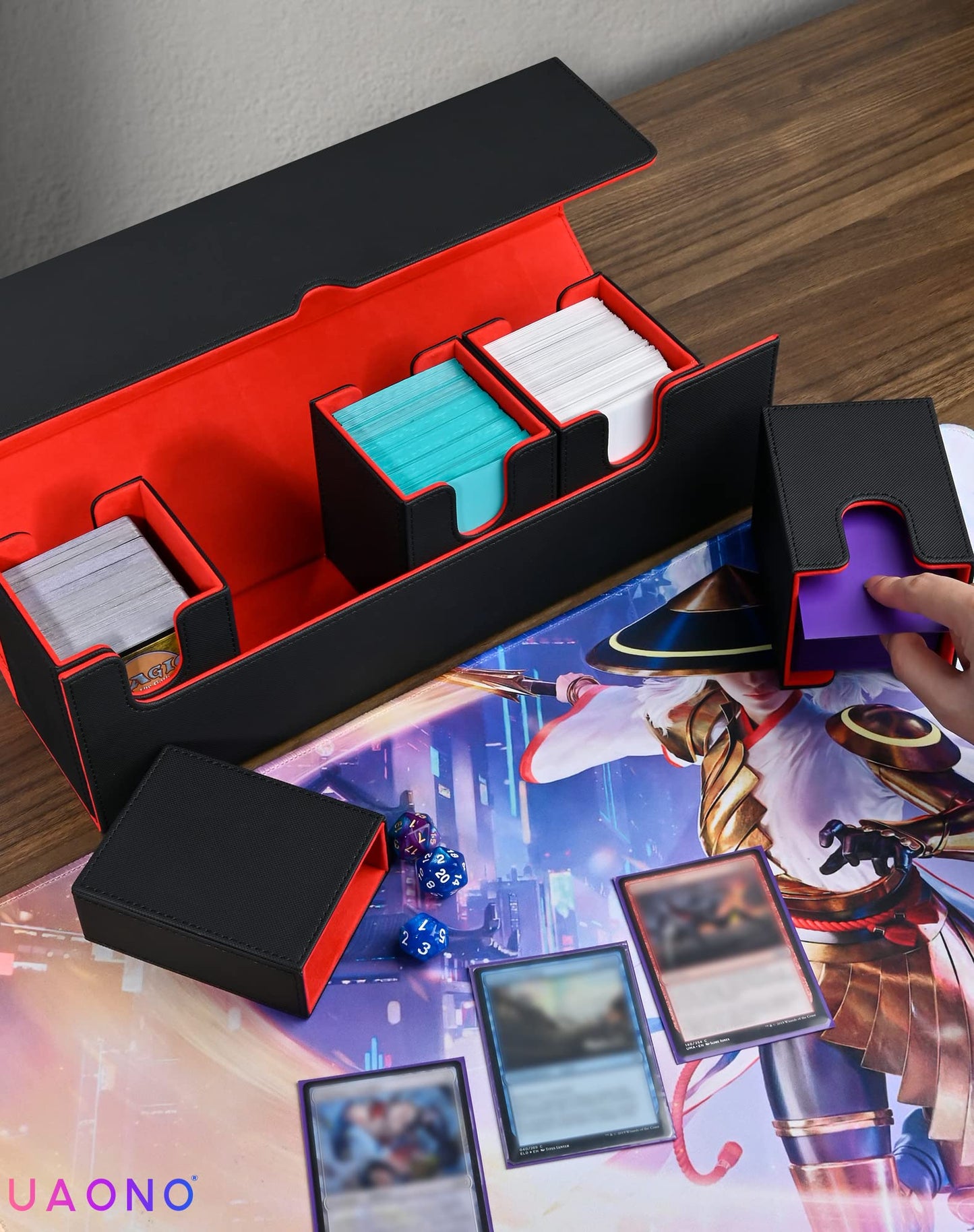 UAONO Card Deck Box with Dice Tray for MTG, 5 in 1 Card Deck Case Holds 800+ Unsleeved Cards, Strong Magnet Organizer Compatible with Yugioh TCG Sports Cards (Black Red)