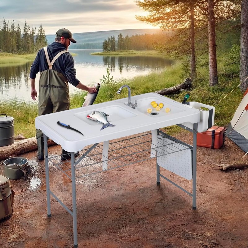 Folding Fish Cleaning Table with Sink - Portable Outdoor Fish Fillet Cutting Station | 42.4" with Drainage Hose & Grid Rack