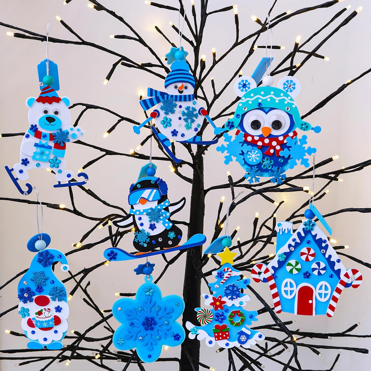 Winlyn 24 Sets Winter Decorations DIY Holiday Tree Ornaments Christmas Craft Kits Christmas Tree Snowflake Gingerbread House Snowman Penguin Polar Bear Gnome Owl Foam Stickers for Kids Party Favors
