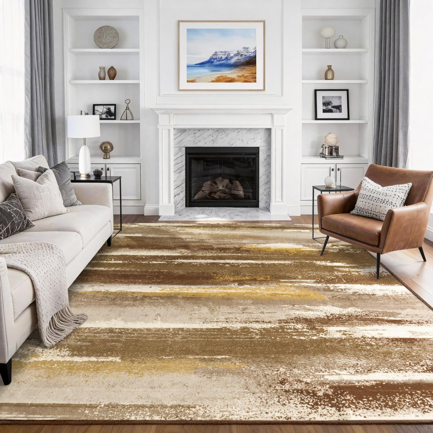 plumlik Area Rugs for Living Room, 6x9 Brown Modern Abstract Rugs for Bedroom, Large Washable Boho Rug with Non-Slip Rubber Backing for Dining Room Dorm Classroom Farmhouse Kids Playroom