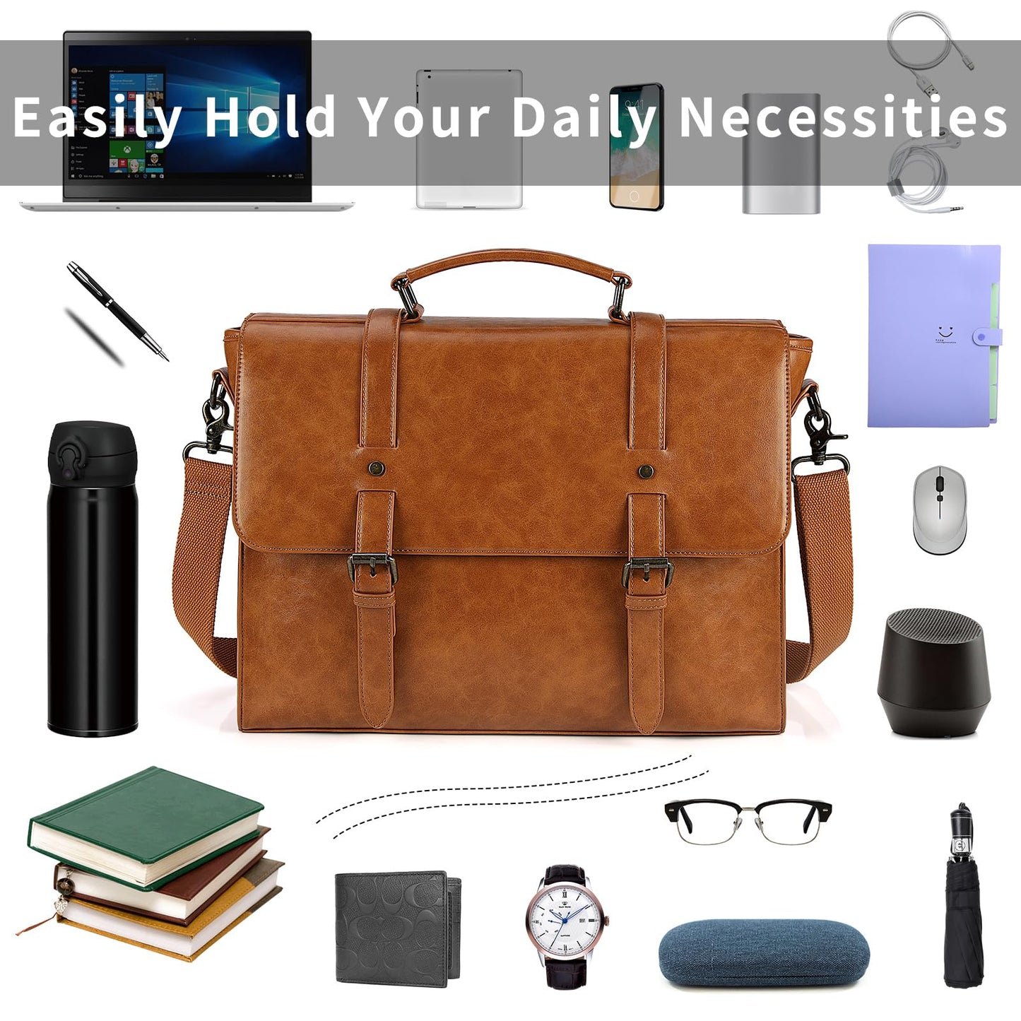 Mens Messenger Bag Vintage 15.6 Inch Waterproof Leather Laptop Briefcase Large Satchel Shoulder Bag Retro Office College Computer Bag, Brown（without Leather Padfolio）