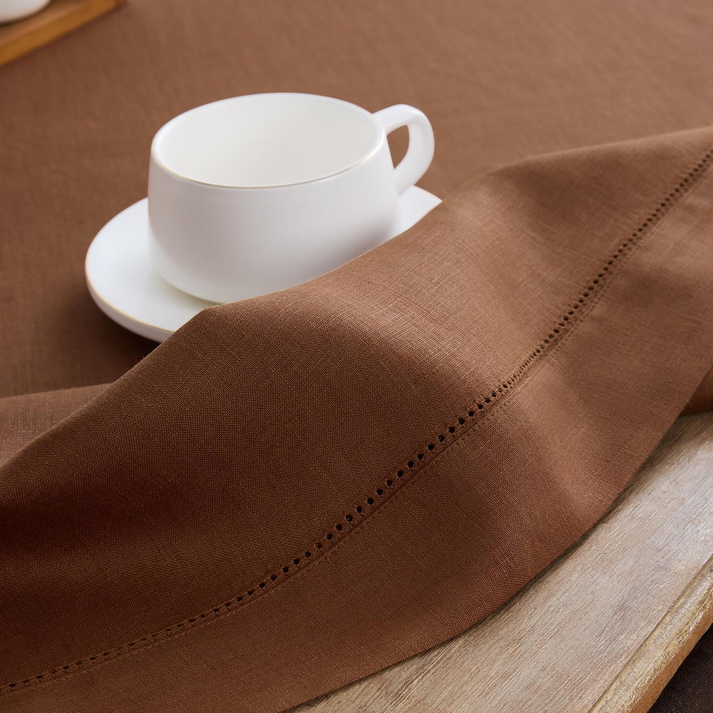 Solino Home Linen Brown Table Runner 72 Inches Long - 100% Pure Linen Hemstitch Table Runner 14 x 72 Inch for Dresser, Dining - Classic Hemstitch