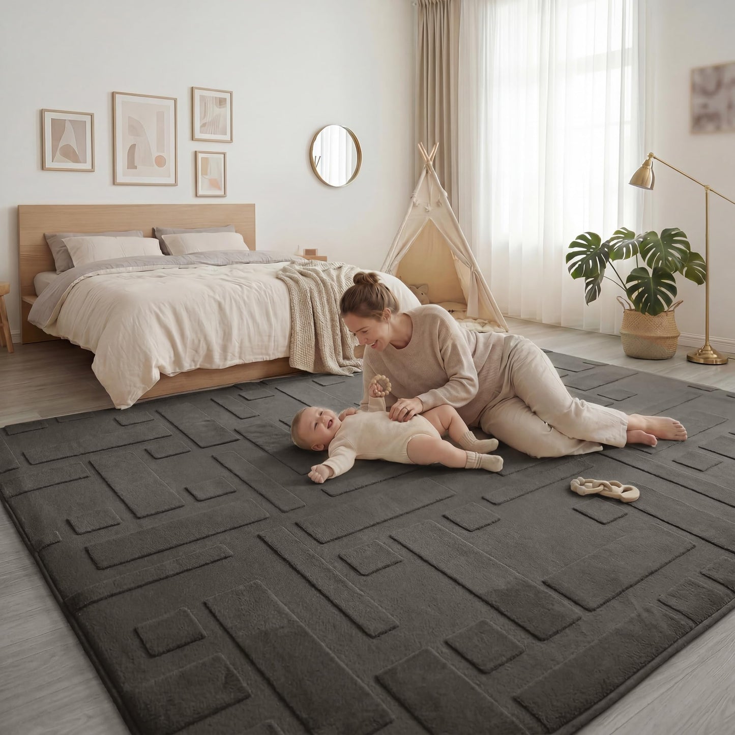PaPaMat Baby Play Mat for Floor, 1.3" Thick 59x79 Plush Soft Foam Mats for Toddler Kids Crawling, Non-Slip Easy Care Nursery Rug for Playroom Living Room (Dark Grey)