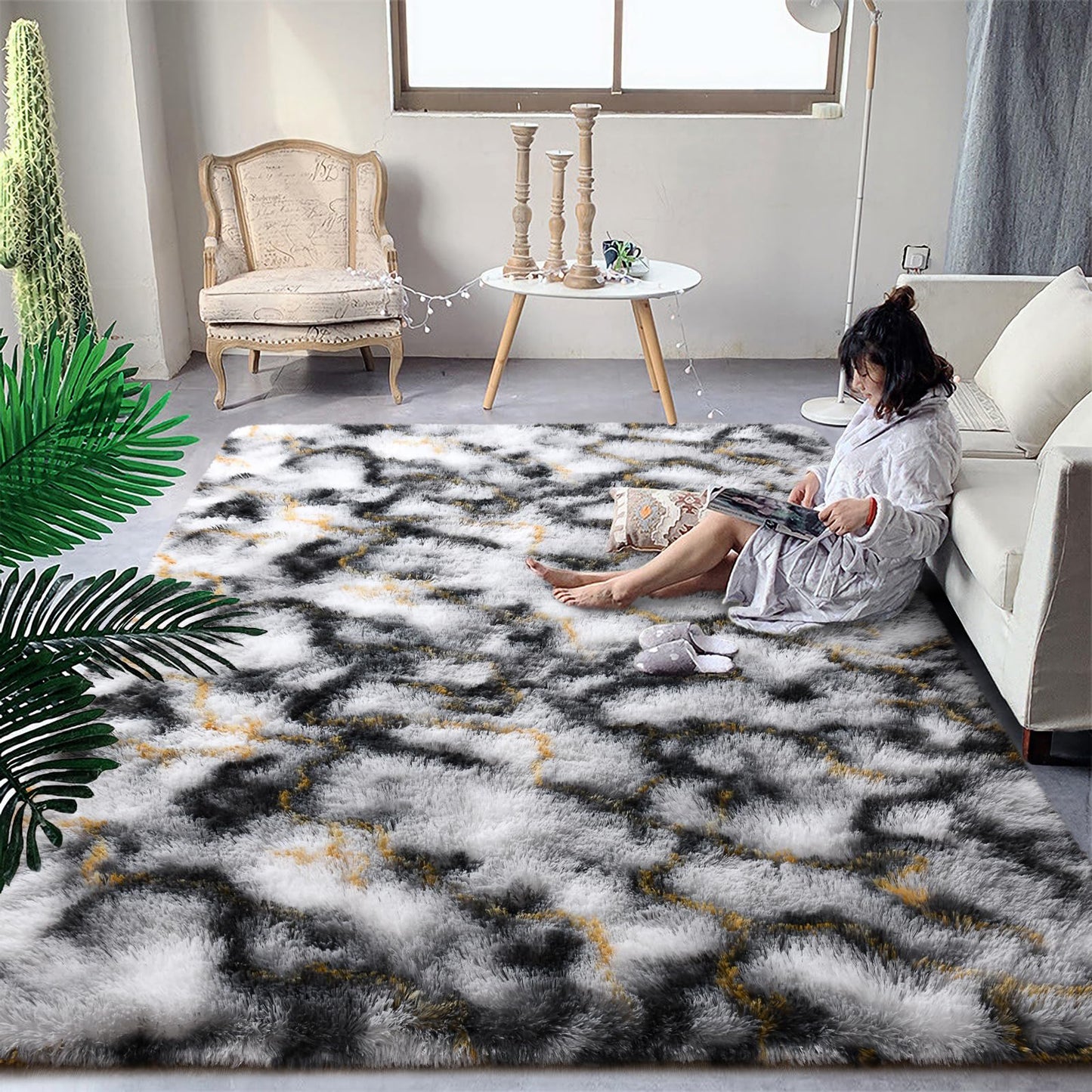 DweIke Fluffy Black White Gold Rugs for Bedroom Living Room, 4x6 Feet Soft Plush Shaggy Tie-Dyed Girls Boys Kids Rug, Upgraded Non-Slip and Machine Washable Carpet for Dorm Nursery Classroom Decor