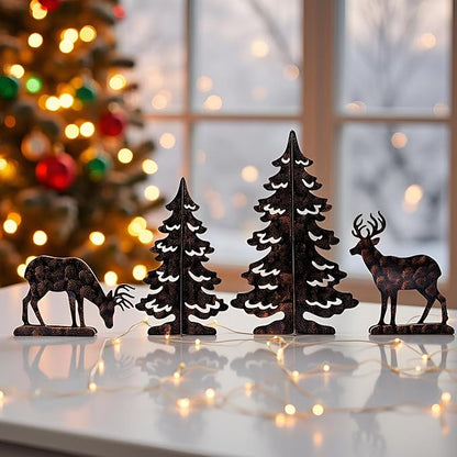 YULETIME 4-Piece Metal Christmas Reindeer and Tree Scene Silhouette Set, Winter Forest Deer & Spruce Landscape Holiday Tabletop Ornament