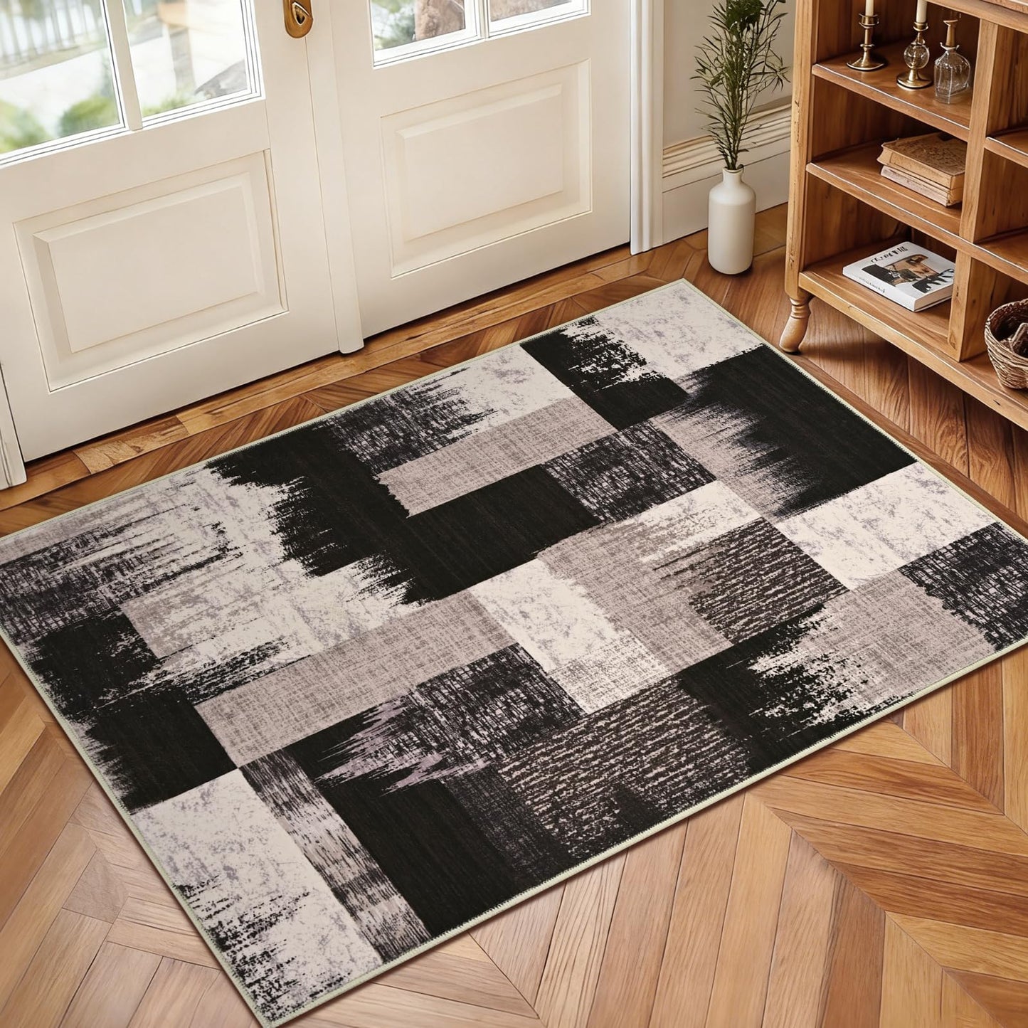 Yinhua Modern Geometric Entryway Rug 2x3, Patchwork Brown Rugs for Entryway Indoor Washable Abstract Area Rug Non Slip, Mid Century Door Rugs Stain Resistant, Low Pile Door Mat for Kitchen, Laundry