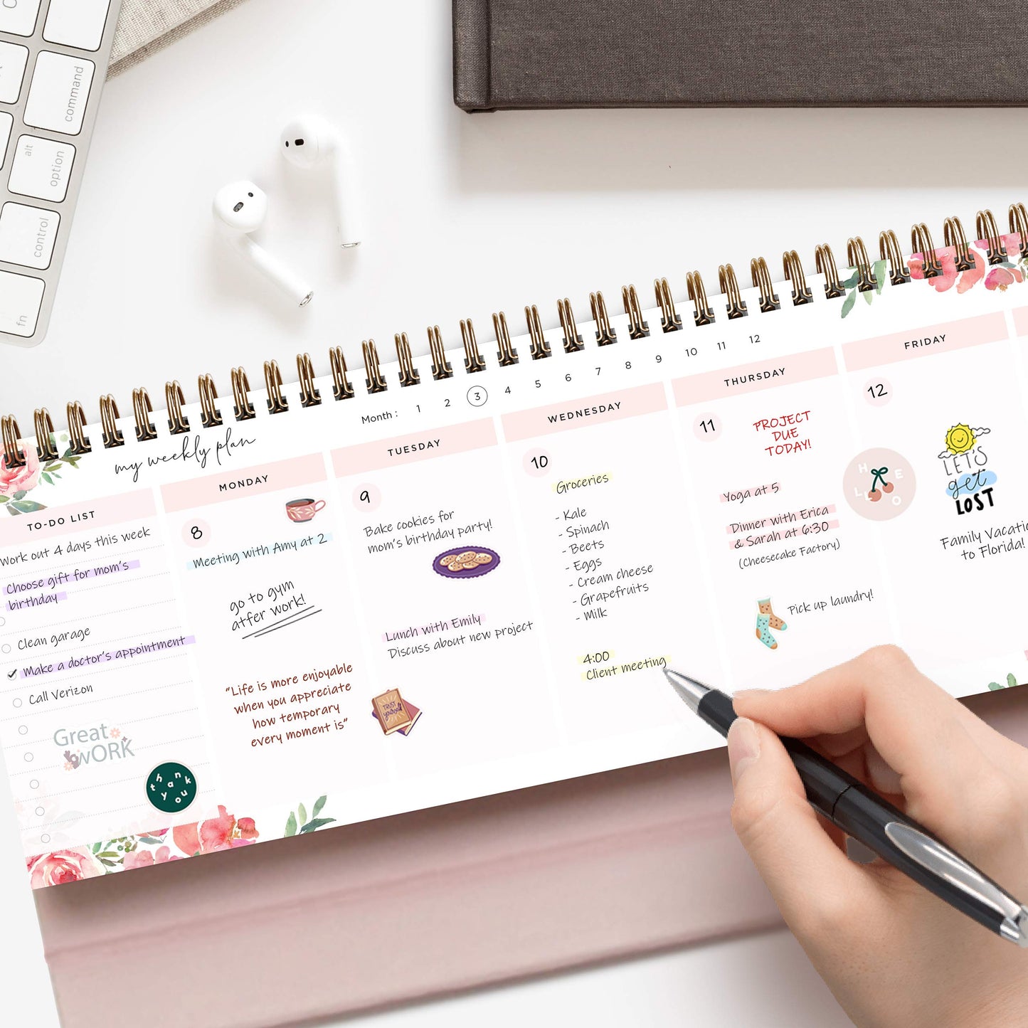 Belle Fleur Non-Dated Spiral Weekly Desk Calendar Planner, 60 Week Inspirational to Do List Pad Desktop Stand, 3.75" x 10.5", La Lune Collection by Bright Day