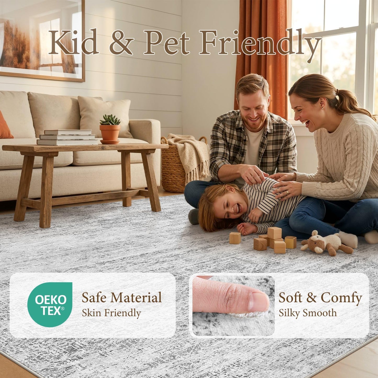 ELLIUNE 3x5 Area Rugs Living Room: Washable Non Slip Soft Abstract Gray Rugs for Bedroom Dining Deor, Low Pile Stain Resistant Indoor Carpet for Farmhouse Nursery Office Kid & Pet Friendly