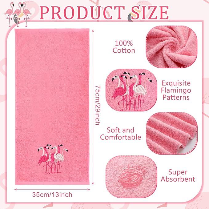 2 Pcs Flamingo Hand Towels Hot Pink Bathroom Decor 14x29 Inch Embroidered 100%