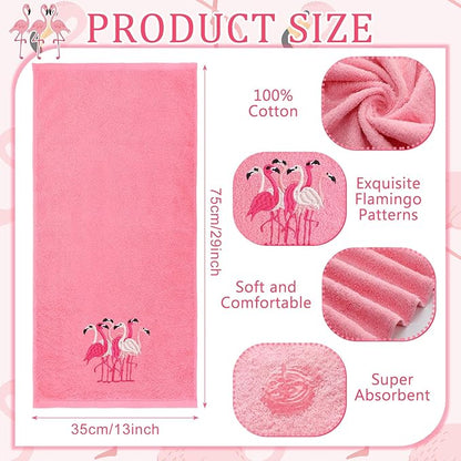 2 Pcs Flamingo Hand Towels Hot Pink Bathroom Decor 14x29 Inch Embroidered 100%