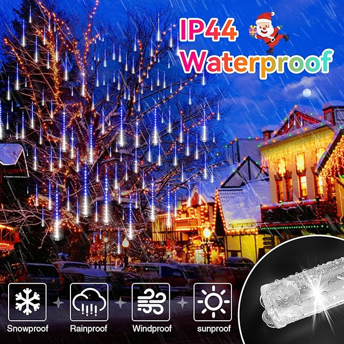 KNONEW Christmas Lights Outdoor, 15 inch 24 Tubes 672 LED Meteor Shower Lights Plug in Waterproof Falling Rain Light for Xmas Tree Wedding Party Garden Holiday Decorations (Blue and Cool White)